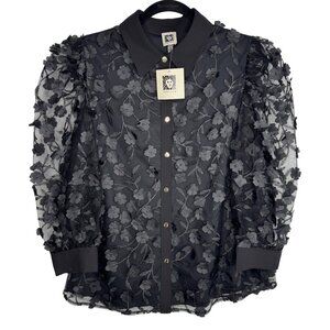 NWT‎ Anne Klein Black 3D Floral Sheer Blouse Size Medium Whimsigoth Maximalist